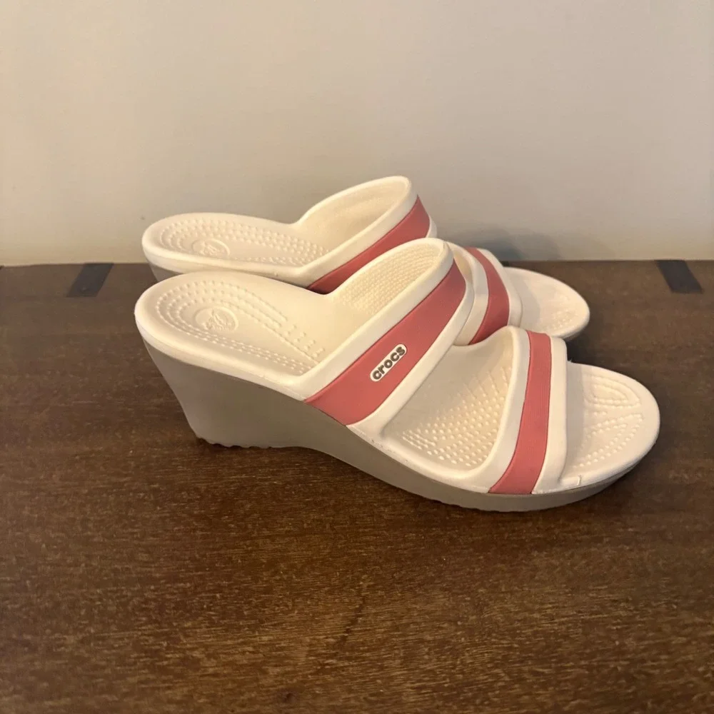 Crocs Women Shima White Pink Dual Strap Wedge Sandals Slide Shoes Size 7